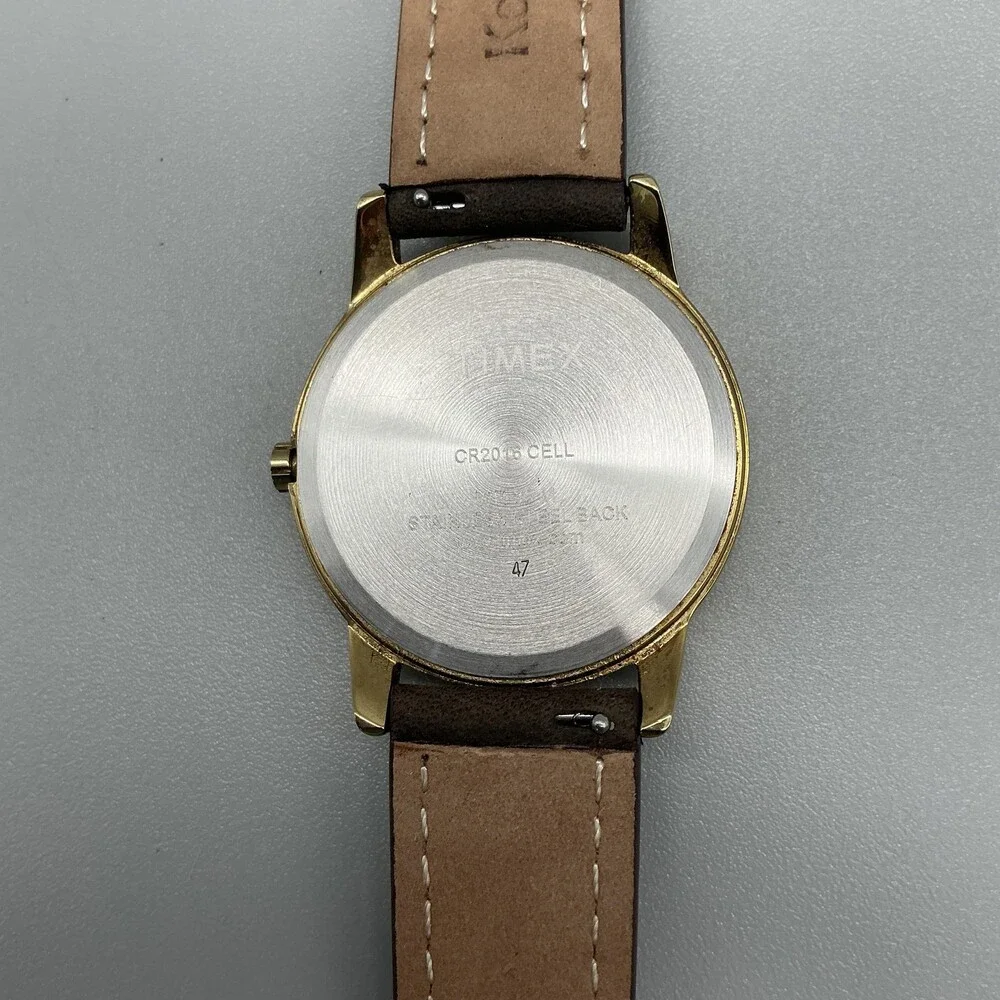 Timex Indiglo WR30M Mens Watch 35mm Cream Dial Gold Tone Leather New Battery